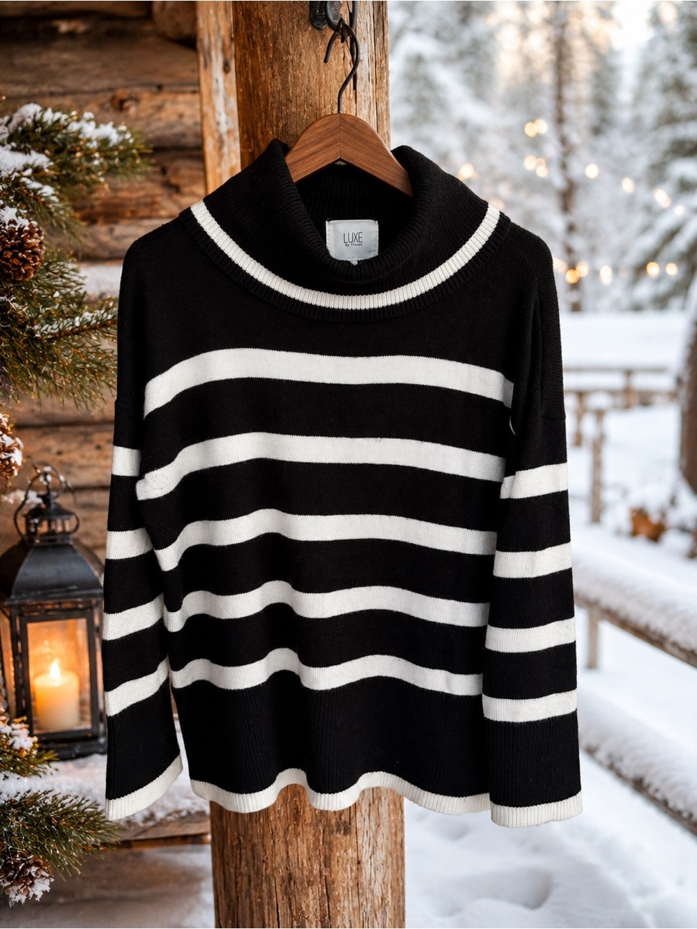 LUXE by Tricot Black & White Striped Cowl Neck Sweater – Size Large